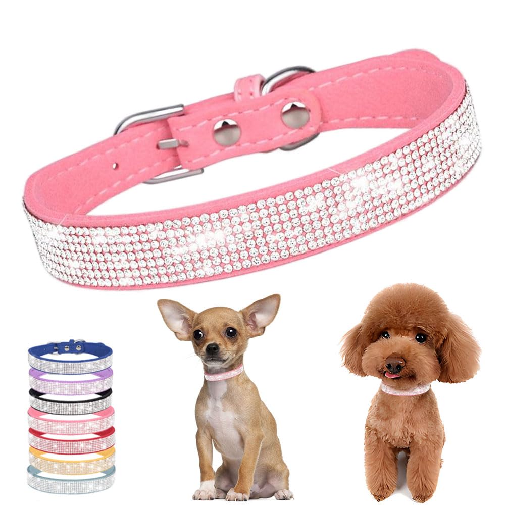 Dog Collar Dazzling Sparkling Crystal Rhinestone Adjustable Puppy Cat Pet Collars Pink X-Small