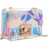 Holographic Clear Purse Crossover Shoulder Messenger Bag Laser Sling Purse with Golden Chain