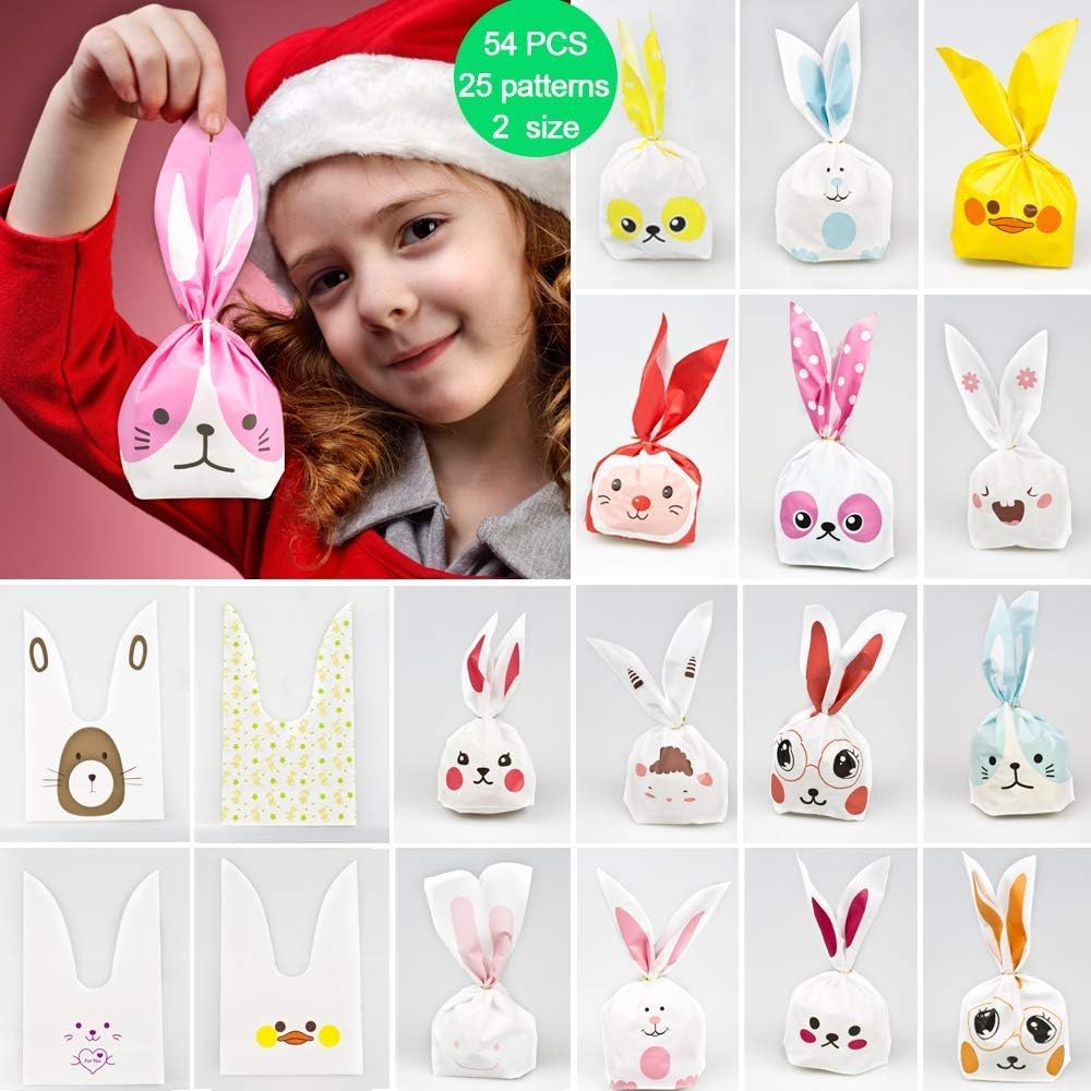DEKERO Kids Party Bags,50pcs 2 Size 25 Types of Patterns for Kids Birthday Christmas Goodies Cute Rabbit plasticbags USE for Gift,Candies,Small Toys,Chocolates,Ornament,Hairpin,Food,Cookie,Dessert
