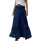 chouyatou Women's 2026 Casual A-Line Tiered Maxi Jean Skirt Flowy Swing Pleated Boho Long Denim Skirt