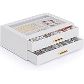AKOZLIN Jewelry Box with Clear Lid Functional Leather Jewelry Storage Organizer Case 2 Drawers for Women Girls Necklace Ring Bracelet Earring