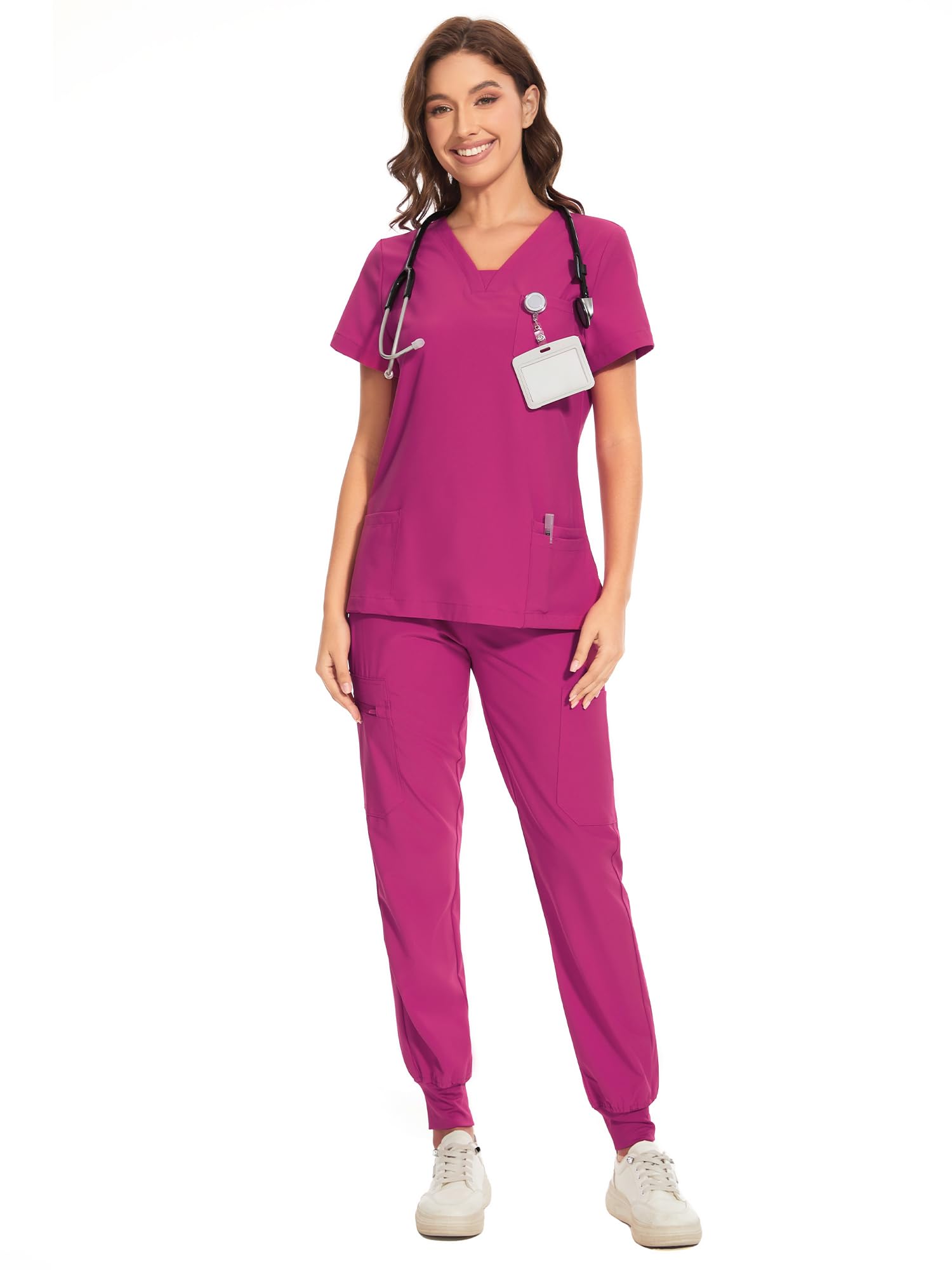 COZYFIT Scrubs for Women - V-Neck Top & Cargo Pants Scrubs Set with 10 Pockets - Azalea Pink, M Image