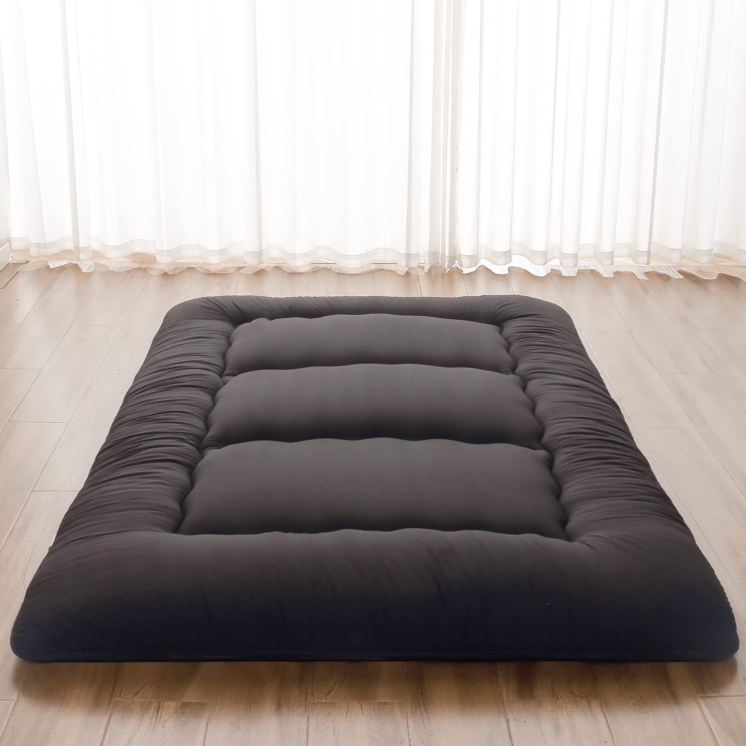 Photo 1 of **ITEM FACTORY SEALED** Zelladorra Japanese Floor Mattress, Futon Mattress with Portable Storage Bag and Washable Cover, Roll Up Thick Tatami Mat Suitable for Camping, Guest Room, Black, Full