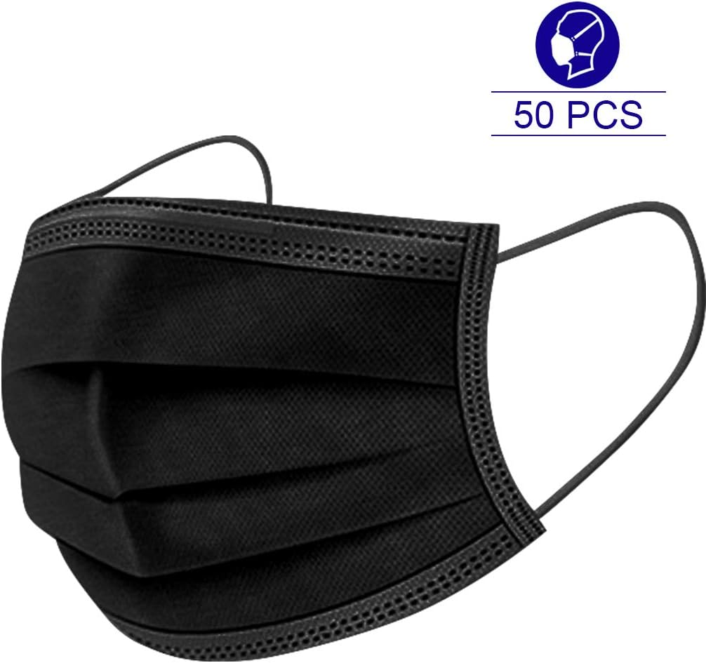 50 Pcs Disposable Face Cover 3 Layers Breathable Anti Dustproof Protection Mouth Black Face Cover Black