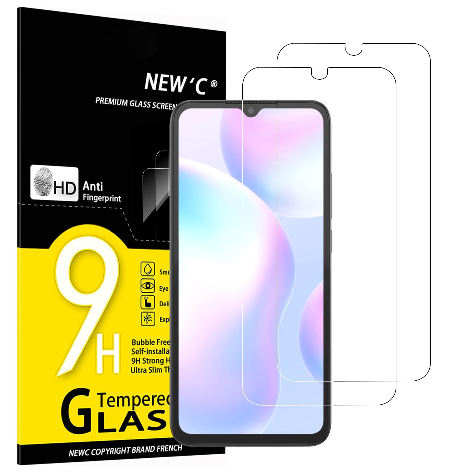 NEW'C 2 Pack Designed for Xiaomi Redmi 9A, Xiaomi Redmi 9C Screen Protector Tempered Glass, Case Friendly Anti Scratch Bubble Free Ultra Resistant