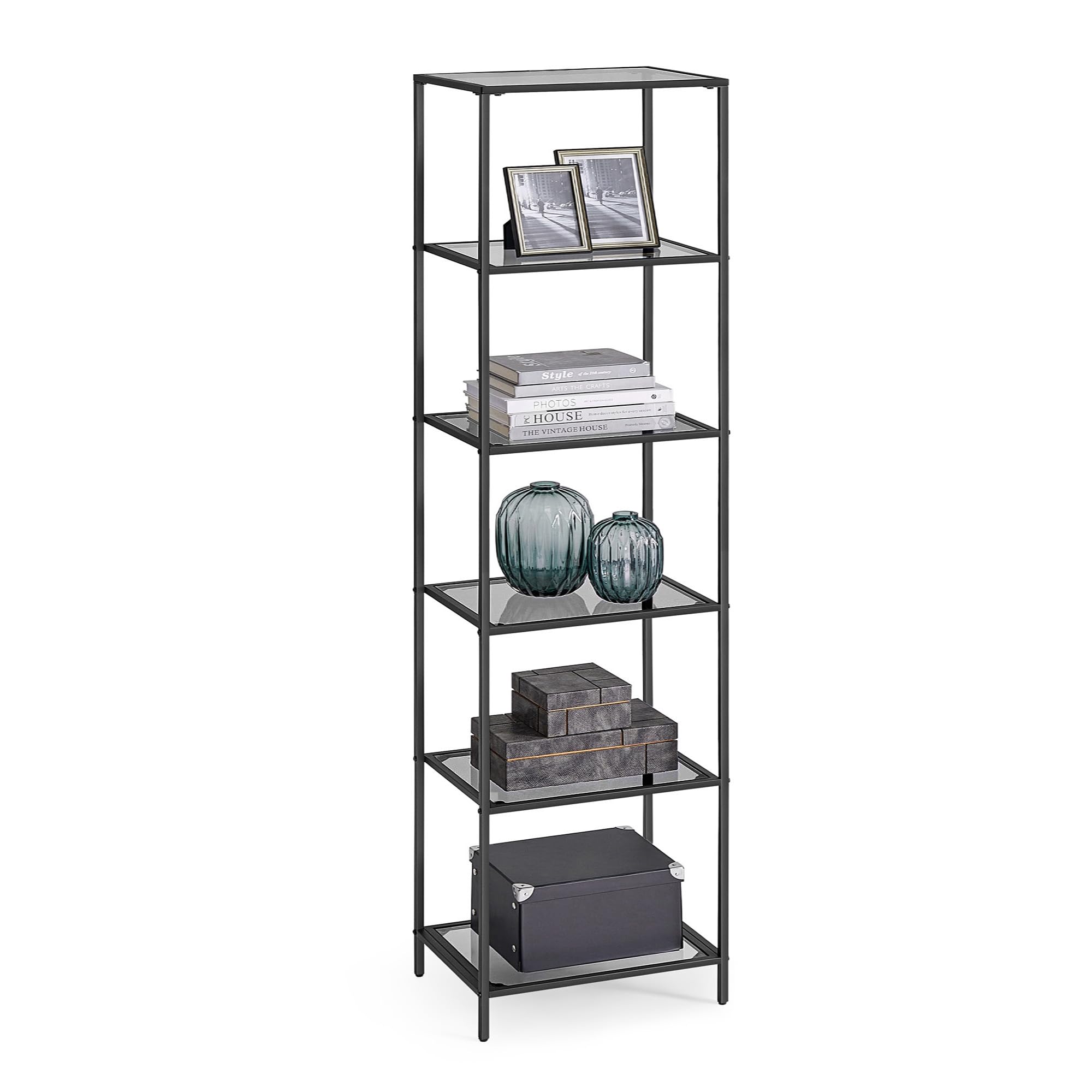 VASAGLE Bookcase, 6-Tier Bookshelf, Slim Shelving Unit for Bedroom, Bathroom, Home Office, Tempered Glass, Steel Frame, Ink Black and Slate Gray ULGT500G01