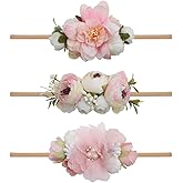 mligril Baby Girl Floral Headbands- 3pcs Nylon Headband Handmade Flower Crown Elastic Hairband Newborn Toddler Hair Accessories Gifts for Girls (1-6 years old)