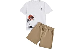 Men's 2 Piece Outfits Tropical Print Short Sleeve Tee and Drawstring Waist Shorts Set Beach Vacation Clothes