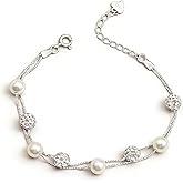 UTISUVIKO Dainty Pearl Zirconia Layered Bracelet for Women S925 Sterling Silver Pearl Crystal Beaded Bracelet to Daughter Mother Adjustable Link Chain Bracelets Birthday Wedding Jewelry Gifts