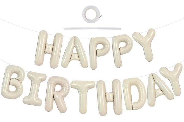 TONIFUL Cream White Happy Birthday Balloons Banner, 16 Inch Mylar Foil Letters Birthday Sign Bunting Reusable Ecofriendly Mat