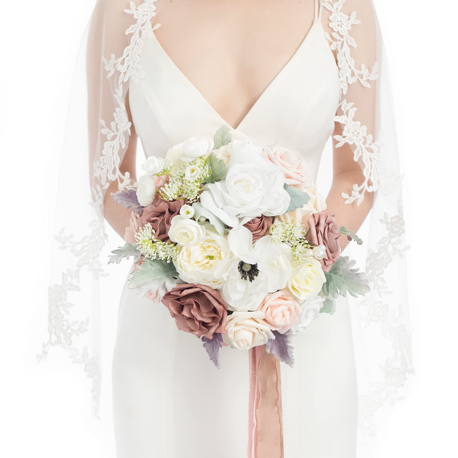 Photo 1 of Ling's moment Dusty Rose Bridal Bouquet for Bride, Blush Pink Wedding Bouquets for Bride, 13 Inch Silk Round Artificial Wedding Flowers Bouquets