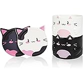 YOBRO Cat Mugs with Coasters Set of 2, Ceramic Stackable Coffee Mugs, White & Black Cute Design, Cute Mug Set for Kids, Valentine & Birthday Gift for Couples & Cat Lovers, 10oz