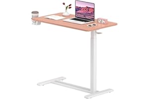 FitStand Medical Overbed Adjustable Bedside Table with Hidden Casters, Pneumatic Mobile Rolling Laptop Standing Desk with Tray for Home and Hospital Use, Pink