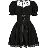 BEAUDRM Women's Plus Size Lace Up Gothic Dress Baby Doll Backless Sweetheart Neck Puff Sleeve Ruched Grunge Goth Mini Dresses