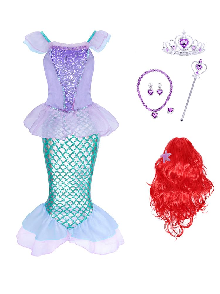 KumSoomliy Girls Princess Costume Kids Party Fancy Dress Cosplay World Book Day Dressing up Dresses Fairy Tales Childs Outfits Purple with Wig 9-10 Y 150