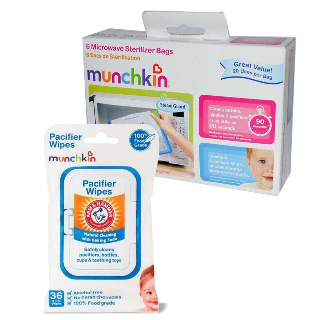 Munchkin Steam Guard Microwave Sterilizer Bags With Pacifier Wipes on