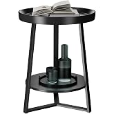 Gadroad Round End Table with Storage Shelf, Black | 2 Tier Farmhouse Side Table, Wood Tabletop, Metal Frame, for Living Room,
