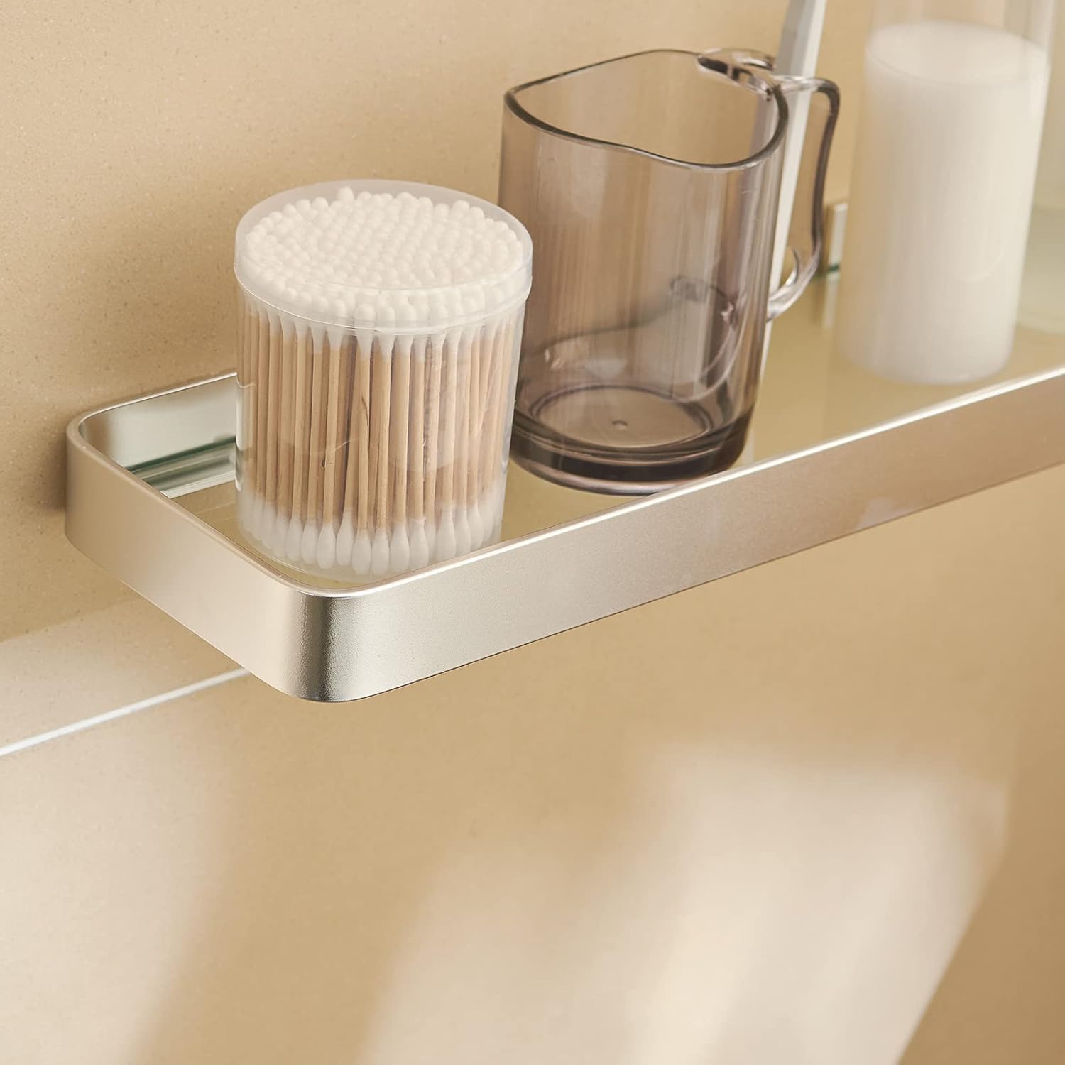 Bathroom Shelving Solution, Rectangular Tempered Glass Bathroom Shelf Wall Mounted, with Aluminum Frame, Shower Storage Organizer (16 inch, Matte Silver): Kitchen & Dining