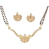 Touchstone Indian Bollywood Style Rhinestone Zirconia CZs Black Beads Symbolic Designer Jewelry Mangalsutra Set in Gold Or White Tone for Women.