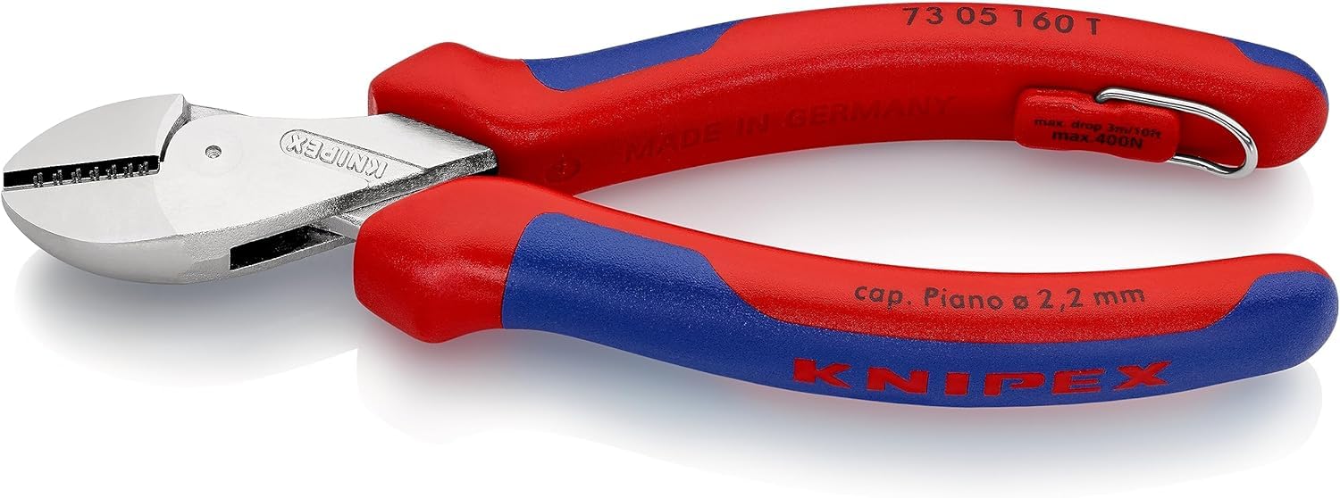 KNIPEX X-Cut Compact Diagonal Cutter Chrome-Plated with Multi-Component Grips, with Integrated Tether Attachment Point for a Tool Tether, 73 05 160 T