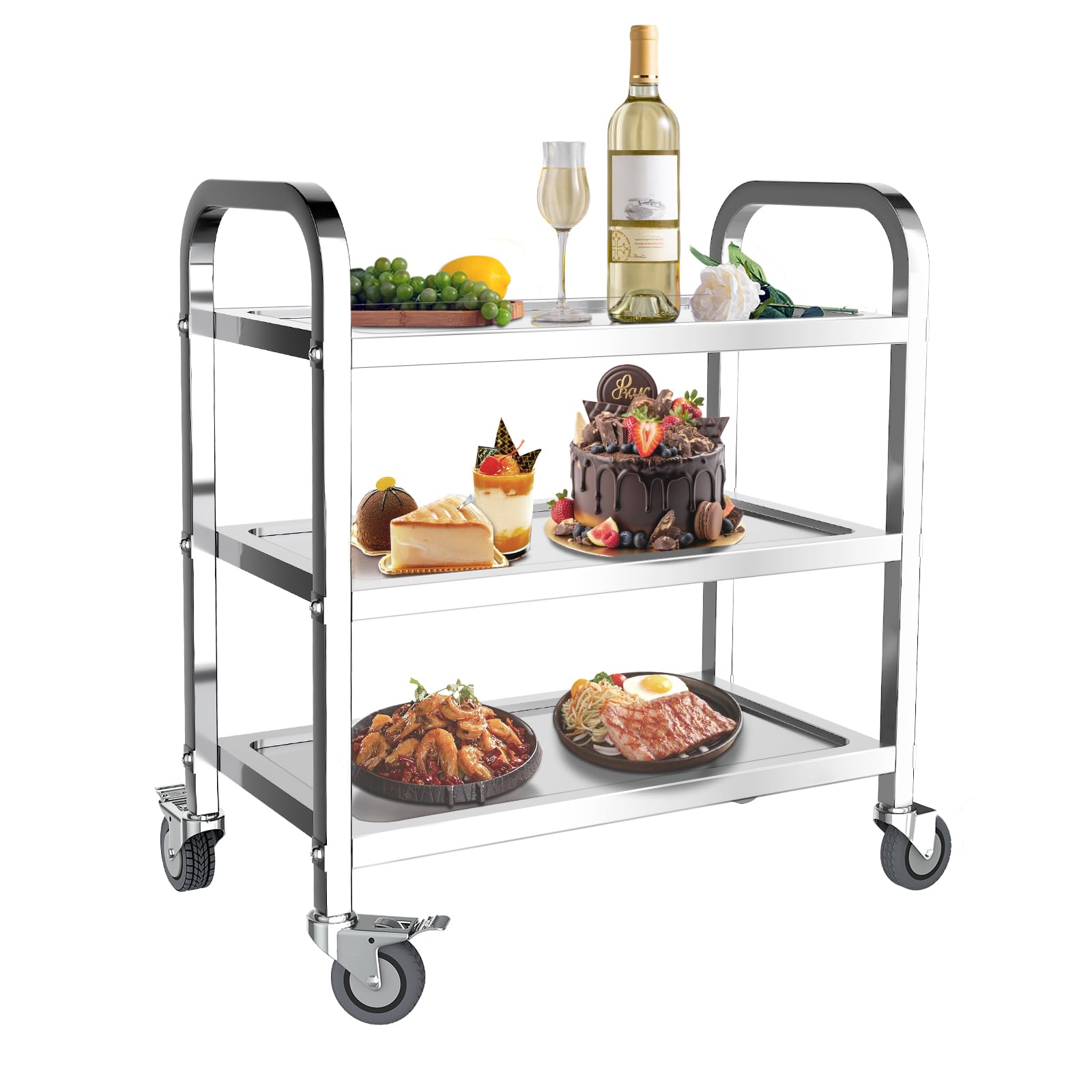 MOOTACO 3 Tier Stainless Steel Kitchen Trolley Cart,75x40x83.5cm Large Serving Trolley with Locking Wheels for Kitchen, Hotels, Restaurants