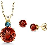 Gem Stone King 18K Yellow Gold Plated Silver Round Red Garnet and Blue Diamond Pendant and Earrings Jewelry Set For Women (5.75 Cttw, Gemstone Birthstone, with 18 Inch Chain)