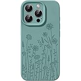 FEWGEY Liquid Silicone Case for iPhone 16 Pro Compatible with Magsafe, Fall Engraved Floral Design Shock Proof Heavy-Duty Protection Hard Phone Case for Women Girls, Midnight Green