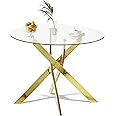 Gujiam Glass Dining Table,Gold Kitchen Table,35.3" Small Round Dining Table for Apartment Kitchen Dining Room (Only Table)