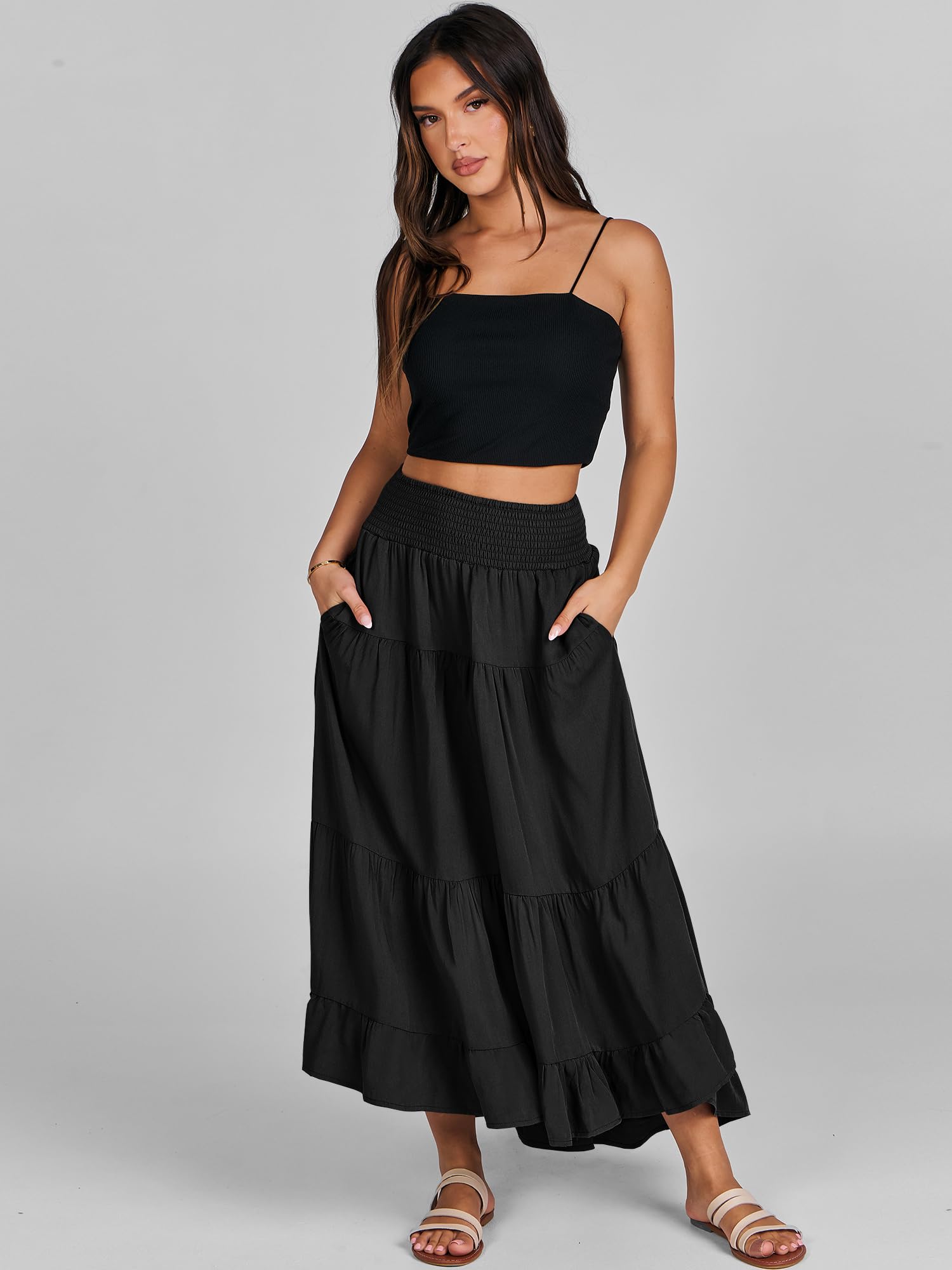 ANRABESS Women Summer Maxi Skirt Elastic High Waist Flowy Boho Casual Tiered Aline Long Beach Skirts 2025 Trendy Outfits