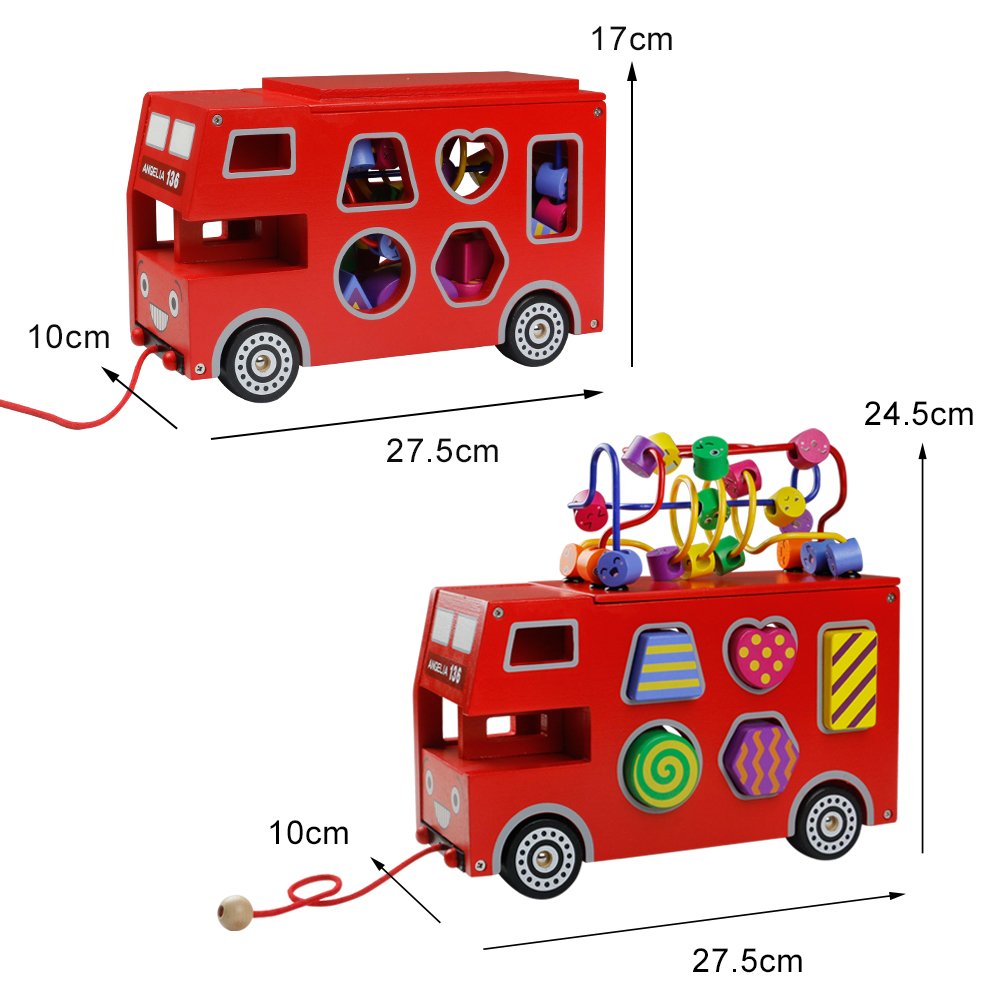 Akokie Roter Bus Spielzeug Modell, Bus Holz Form Sorter, Holzformen Geometrisch für Kinder im Alter von 3 4 5 6 , MEHRWEG