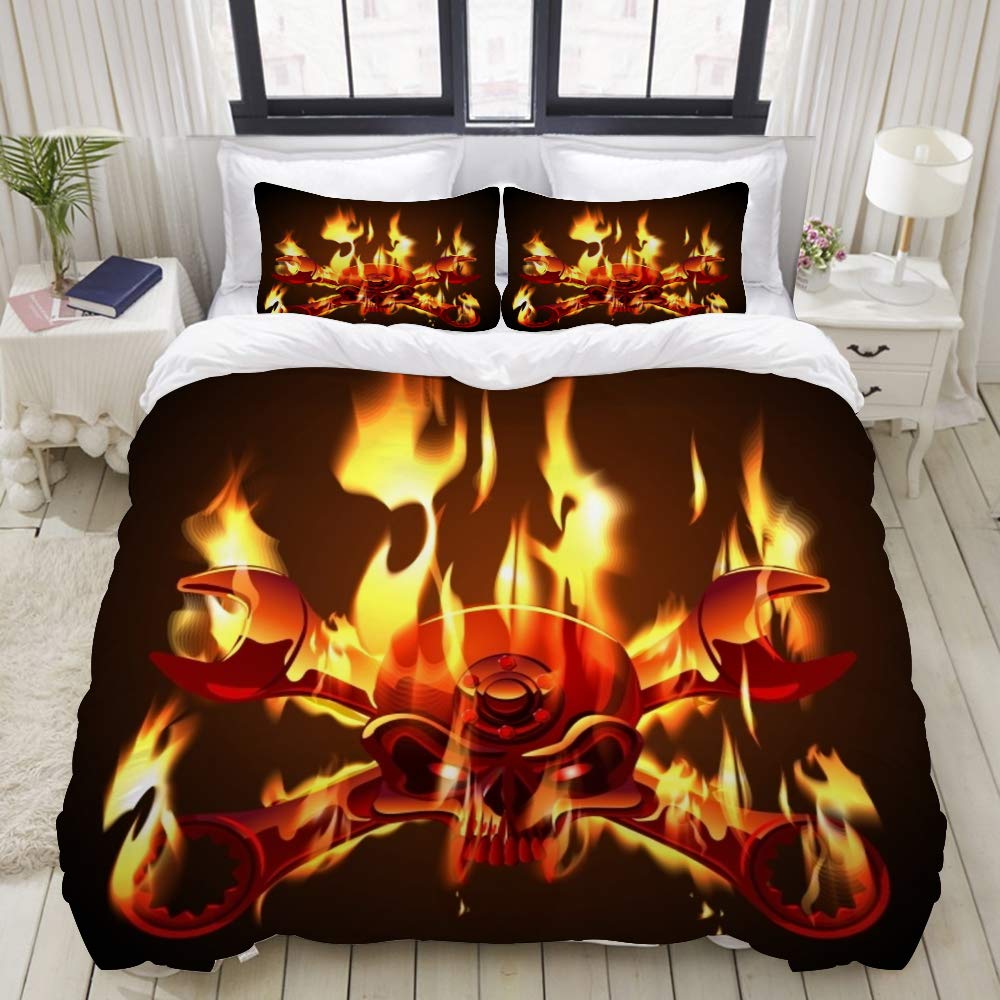 Mokale Duvet Cover,Zipper Closure,Vector Metal Jolly Roger Flame,3 Pieces Bedding Set with 2 Pillow Shams Twin Size(68"X86")