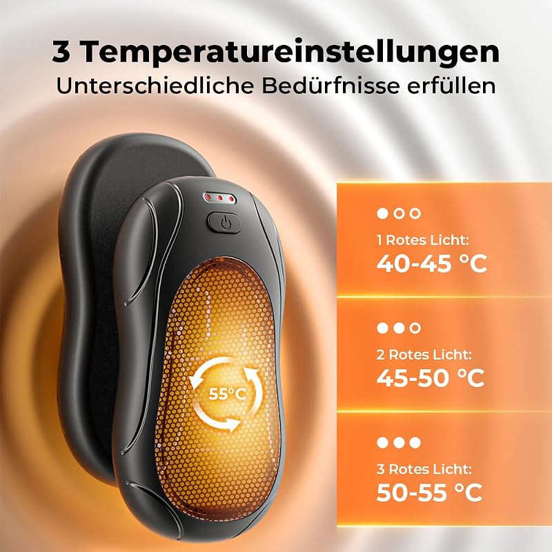 Elektrischer Handwärmer 2er-Pack, Handwärmer Magnetische Tragbare 6000mAh, 3 Einstellbaren Heizmodi USB Wiederaufladbar Taschenwärmer Für Outdoor Camping Pendeln Büro(Schwarz) — Foto 4 von 8