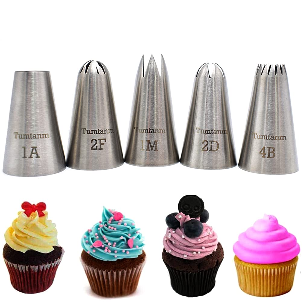 5 Pack Stainless Steel Seamless Piping Icing Tips, Large Piping Nozzle, Cake Decorating Tools for Baker