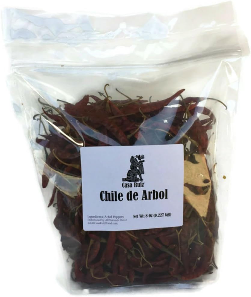 De Arbol Chile - Casa Ruiz Brand - 8 Oz RESEALABLE Bag - Mexican Whole Dried Arbol Chili Peppers - Tannic Smoky Grassy Bold Spicy Fiery Heat - Mexican Related to Cayenne or Pequin - Pico De Pajaro -