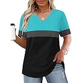 VOGRACE Womens-Plus-Size-Tops Summer Short Sleeve Casual V Neck Tunics Trendy Color Block Fashion T Shirts