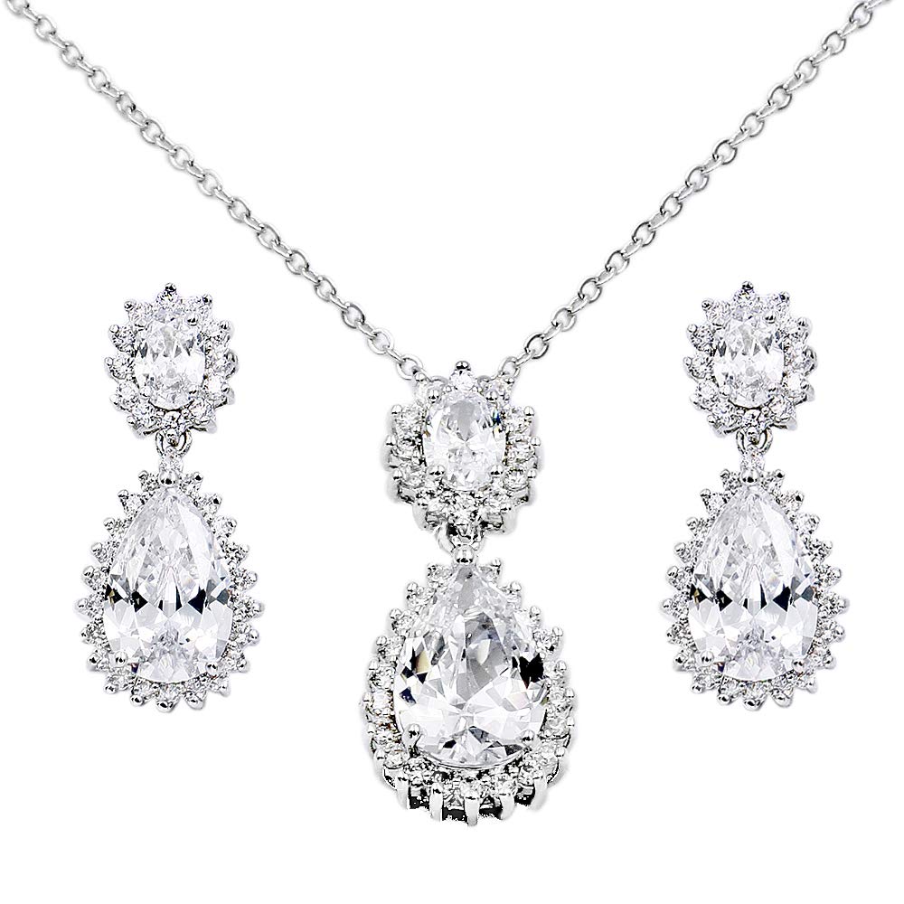 Lavencious Teardrop Dangle Jewelry Set Necklace & Earrings Trendy AAA Cubic Zirconia for Women (Clear)