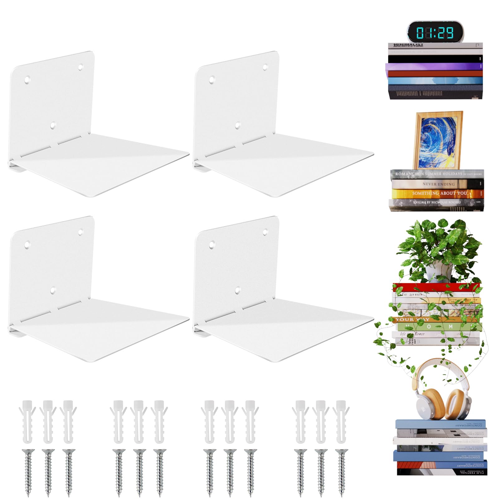Sheeliy Floating Bookshelf, Invisible Bookshelves, Floating Book Shelves Wall Mounted for Bedroom, Study Room, Living Room, Sturdy Wall Shelf for Book Display, Set of 4, White