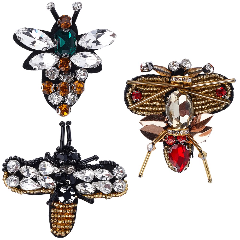 GORGECRAFT 3 Style Bee Rhinestone Sew On Beaded Embroidery Patches Insect Applique Rhinestones Brooch Sew On Patch for Jeans Jackets Clothing Scrapbooking Handbag Shoes Diy Decorative Patches