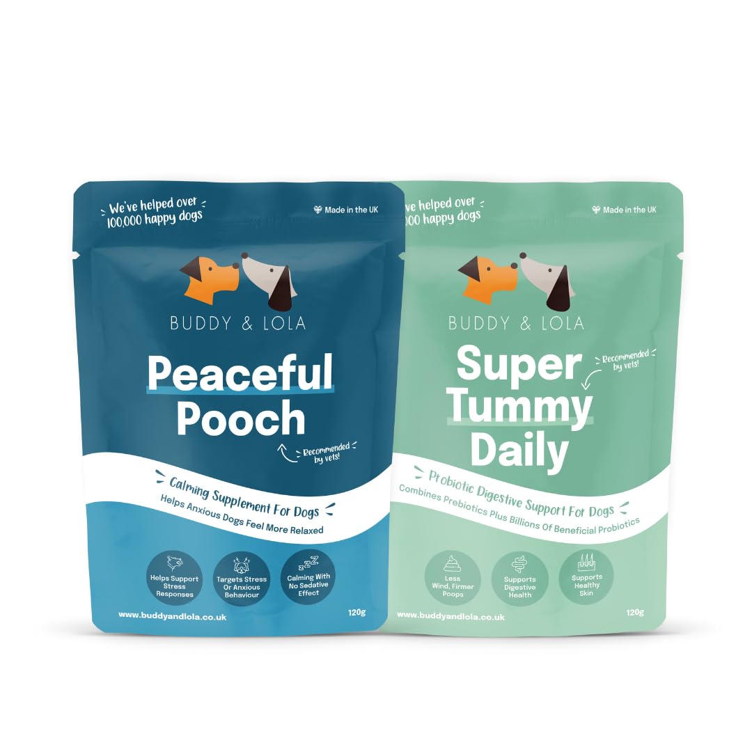 Buddy & Lola Probiotic and Calming Bundle for Dogs - High CFU Count, Plant-Based Dog Probiotics for Gut Health - Dog Probiotic Powder with Prebiotics for Skin Health & Calming Supplement