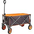 PORTAL Collapsible Folding Wagon, Push Pull Foldable Beach Wagon Cart with All-Terrain Wheels, Heavy Duty Utility Grocery Wagon for Outdoor Camping Garden Sport Shopping, Holds 225 lbs, Grey/Orange