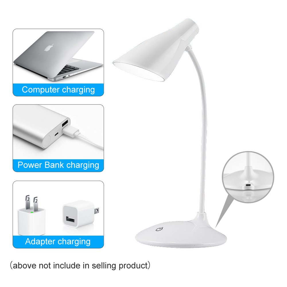 LED Desk Lamp, Flexible Gooseneck Table Lamp, Dimmable Office Reading Lamp with USB Charging Port, Rechargeable, 3 Brightness Levels, White