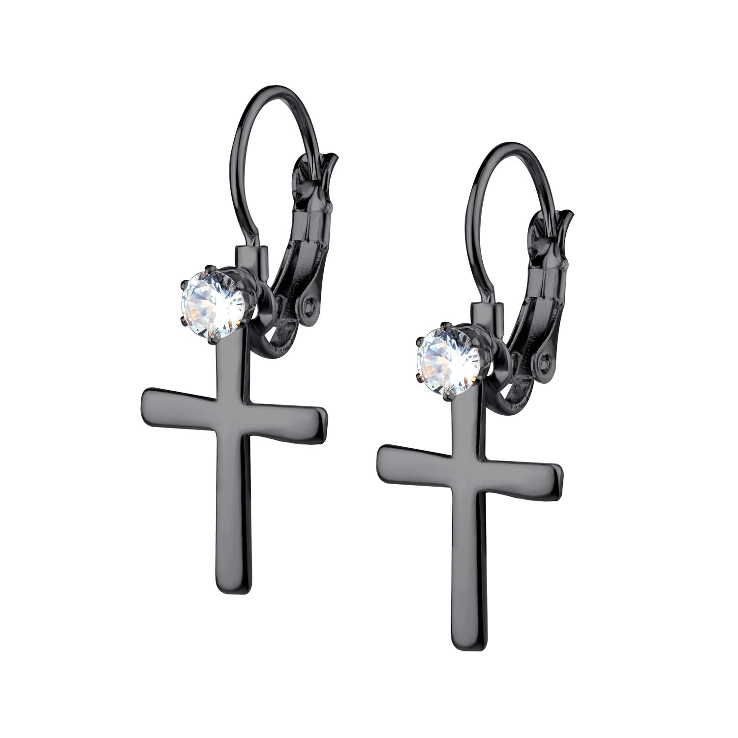 555Jewelry Womens Stainless Steel Small Cross Cubic Zirconia CZ Single Stone Stud Dangle Lever Back Religious Christian Faith Vintage Fashion Jewelry Accessory Earrings, Black