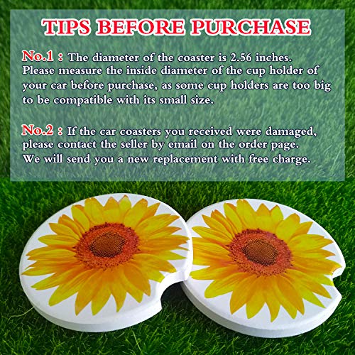 2.56" Sunflower Car Coasters 2 Pack,Absorbent Ceramic Coasters for Car,Auto Coasters for Cup Holder,Car Accessories Absorb Spills From Your Cup and Keep Cup Holders Clean and Dry. (Yellow Sunflower)