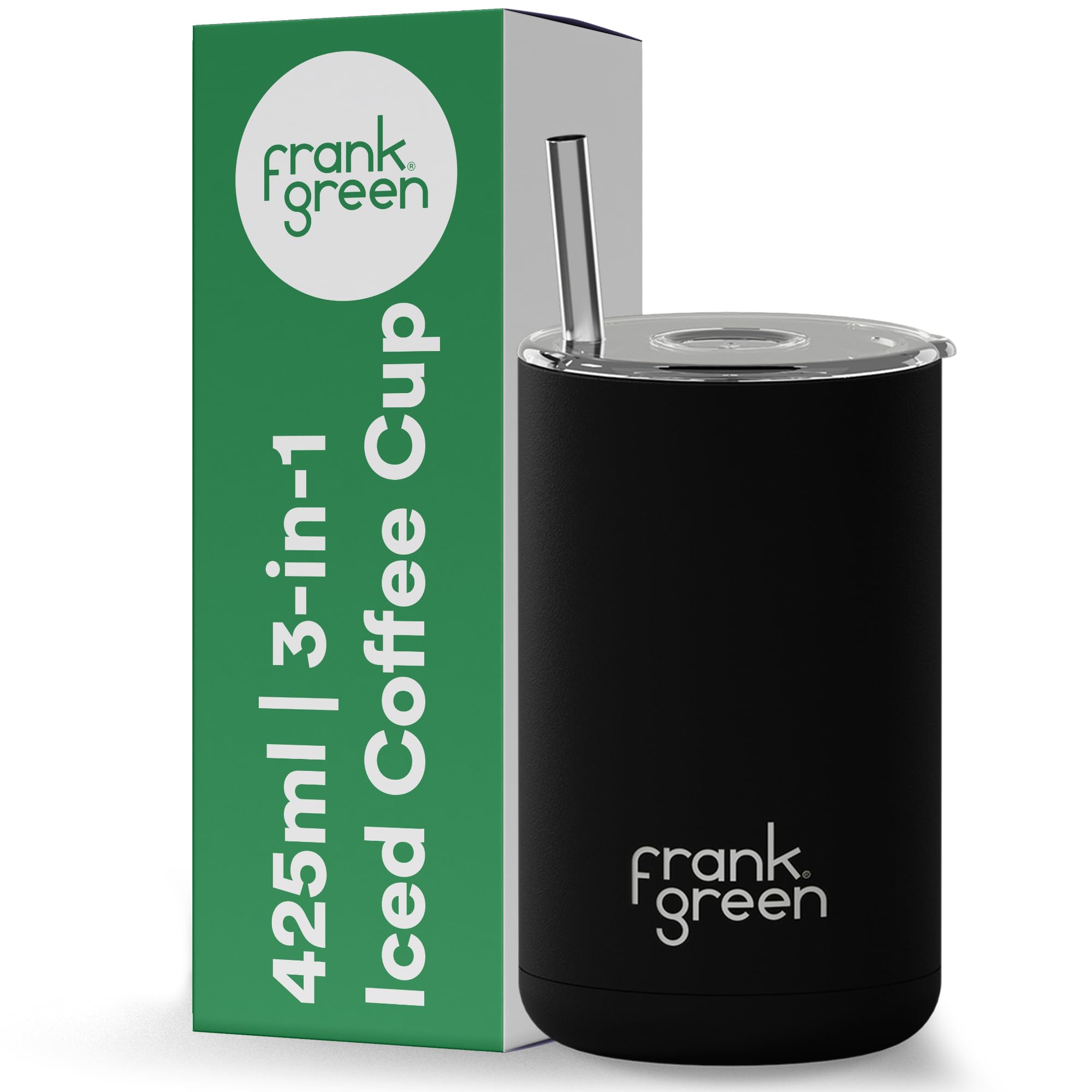 frank green Iced Coffee Cup with Straw - Reusable Travel Mug with Lid and Straw, 3-in-1 Ceramic Lined, Stainless Steel Insulated Cup - Midnight Black