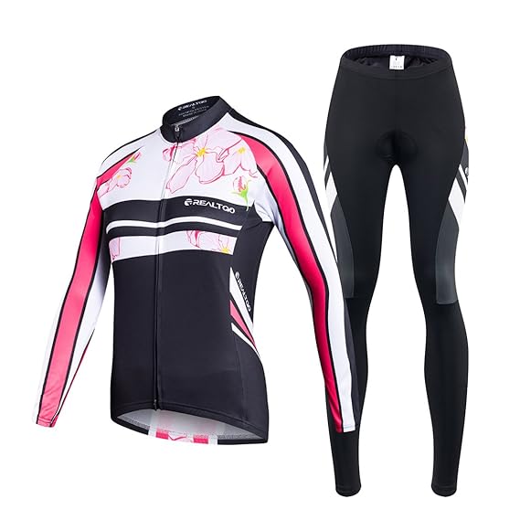 VIVOSUN Radtrikot Damen Set Fahrradbekleidung Frühling Herbst Fahrradtrikot Langarm und Radhose mit 3D Sitzpolster Rosa