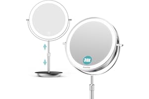 Auxmir 1X/30X Magnifying Mirror with Light, 9” Adjustable Height Makeup Mirror, 3000mAh Rechargeable Lighted Mirror with 3 Co