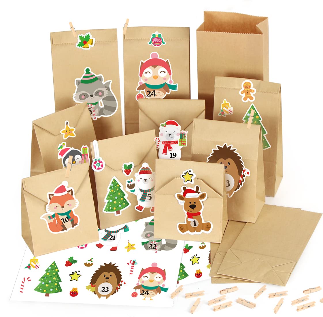 Advent Calendar Paper Bags to Fill 2022, 24 Diy Ddvent Calendar, Fill Your Own Advent Calendar,24 Days Countdown Christmas Calendar with Animal Stickers & Wooden Clips for Chirstmas, Kids, Family