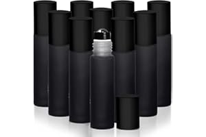 GOT OILS? Your Oil Tools 10 Pack Essential Oil Roller Bottles, 10ml Empty Black Frosted Glass Roll-on with Leak Guard Stainless Steel Roller Balls & Black Caps for oils and perfume…