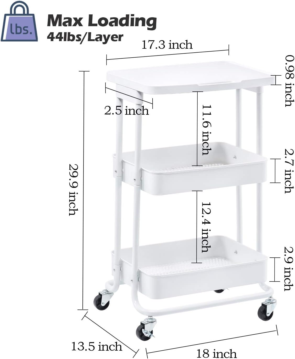 TOOLF 3-Tier Metal Rolling Storage Cart with Practical Tabletop, 3-Tier Metal Serving Rolling Cart with Contral Handle,Trolley Organizer with Locking Wheels for Library Office Classroom Home Dedroom: Kitchen & Dining