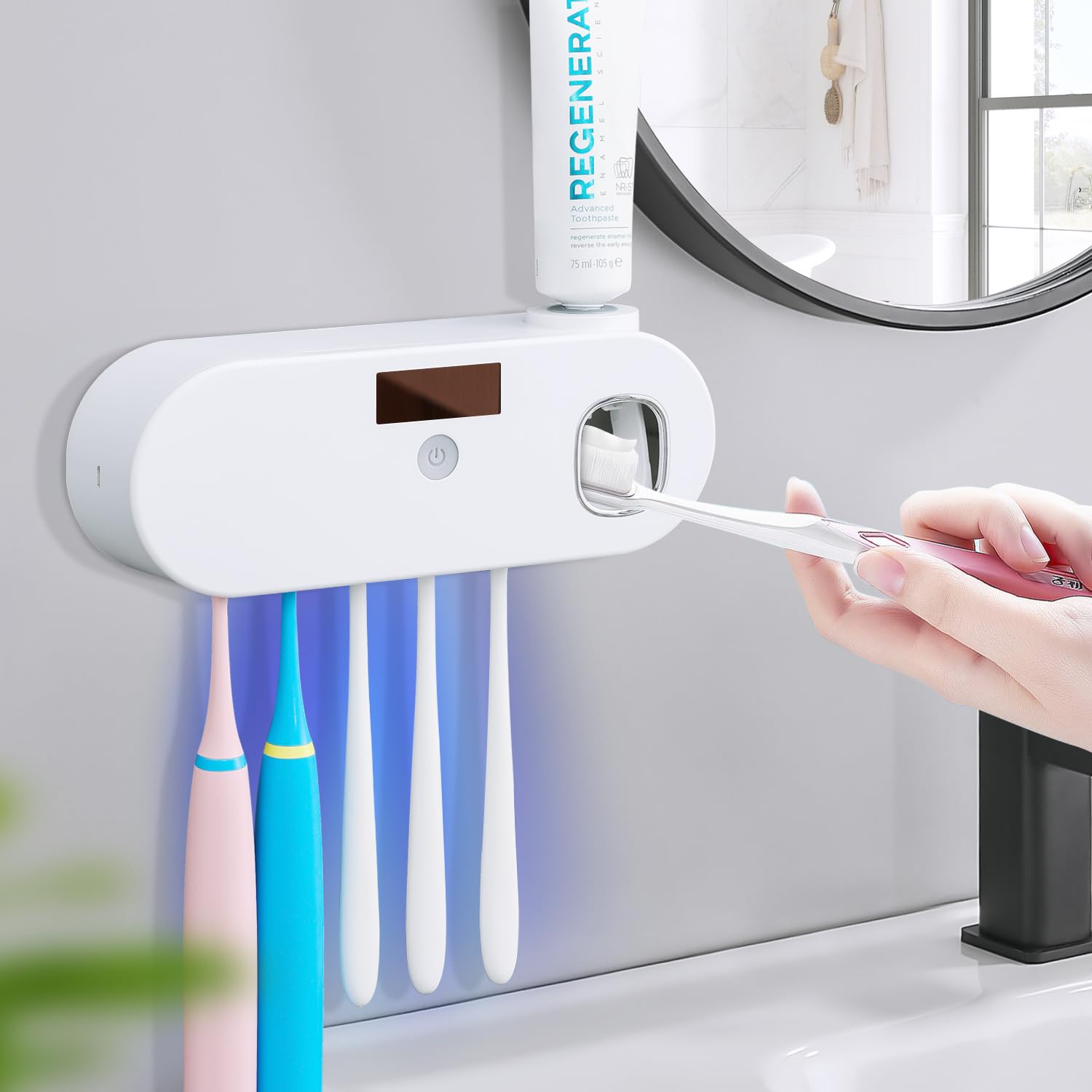 Photo 1 of Toothbrush Holders - OVAS HOO Toothbrush Holder for Bathroom 5 Toothbrush Slots Toothbrush Holder Wall Mounted with Toothpaste Dispenser Chargeable Tooth Brushing Holder (White)